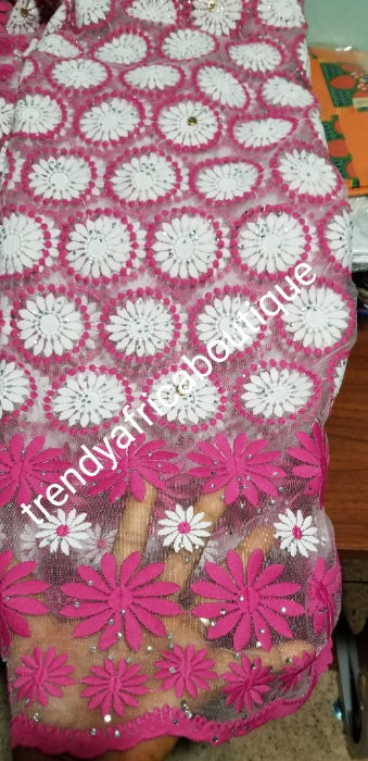New arrival fuschia/white French lace fabric. Quality embriodery, all over dazzling crystal stones. Sold per 5yds. Price is for 5yds. Beautiful African embriodery french lace- swiss quality design
