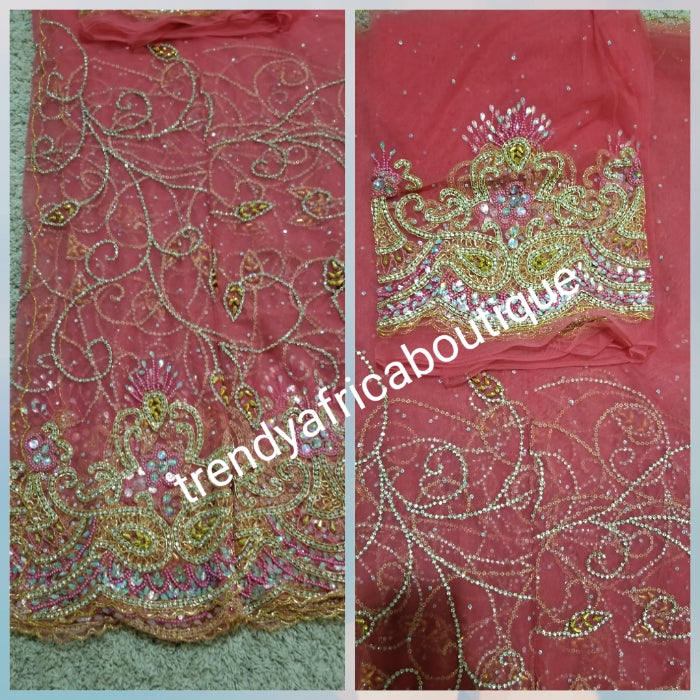 Sale: New arrival Coral color VIP Madam Net George wrapper for Nigerian big event. all hand stoned 5yds net + 1.8yds matching net for blouse. Nigerian Traditional Celebrant Net George. Sold as a set.