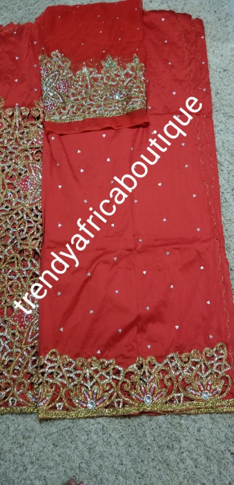 Red VIP/Celebrant Supper quality Silk George Wrapper for High society Ceremony. Niger/Igbo/Delta women George wrapper comes in 5yds wrapper + 1.8 yrds matching blouse. Nigerian Traditional outfit. Hand stoned with Gold and silver dazzling crystal stones