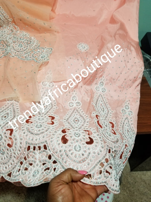 New arrival beautiful peach embroidery with hand stoned silk George Wrapper. dazzling crystal stones to perfection. Small-George