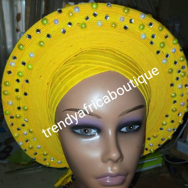 Clearance: Nigeria gele. Beautiful yellow Auto-gele. Nigerian aso-oke made into auto gele. beaded and stoned. Party ready in less than 5 minutes. One size fit, easy adjustment at the back