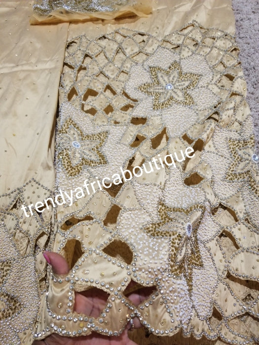 Sale: classic Beige color hand-cut VIP Silk George wrapper for Nigerian Traditional outfit. Igbo/delta/Akwa Igbom women wrapper. Beaded and stoned 2.5yds +2.5yd with matching net for blouse