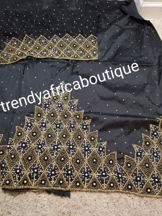 Sale: quality Celebrants Black with all over Hand stoned silk George wrapper for Nigerian party outfit. Sold per set of 5yds+1.8yds net for making a blouse. Nigerian, Delta/Igbo/Edo wedding outfit