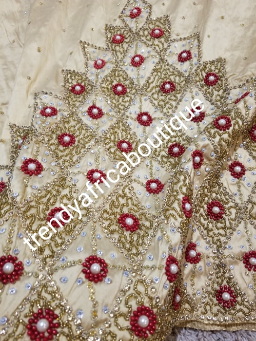 Sale: quality champagne gold hand stoned silk George wrapper/blouse for Nigerian party outfit. Sold per set of 2.5yds + 2.5yds+1.8yds net for making blouse. Nigerian, Delta/Igbo/Edo wedding George