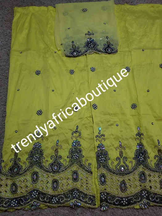Clearance George: Yellow/royal blue crystal stone work in High quality silk George wrapper for Nigerian/Igbo/delta/Akwa Ibom Traditional outfit. Sold as 2 wrapper + 1.8yds complimentary net for blouse
