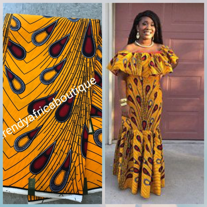 Gelb/rotes Glühbirnen-Design. Garantiert holländischer afrikanischer Stoff mit Wachsdruck. 100 % Baumwolle Ankara, verkauft pro 6 Yards. Der Preis gilt für 6 Yards.