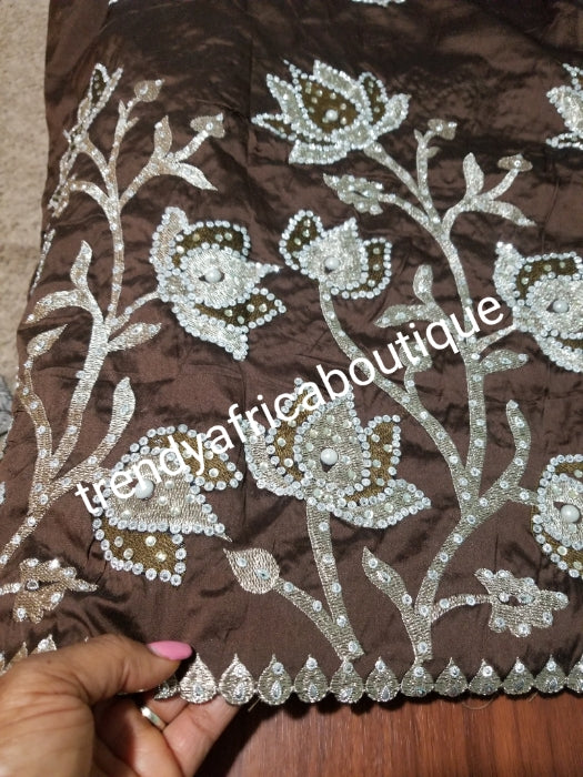 New arrival: Nigerian Traditional Silk embroidery George wrapper. Quality embroidery + Hand Beaded/stones design in coffee brown 5yds + 1.8 matching net blouse. Igbo/delta bride outfit. Small-George.