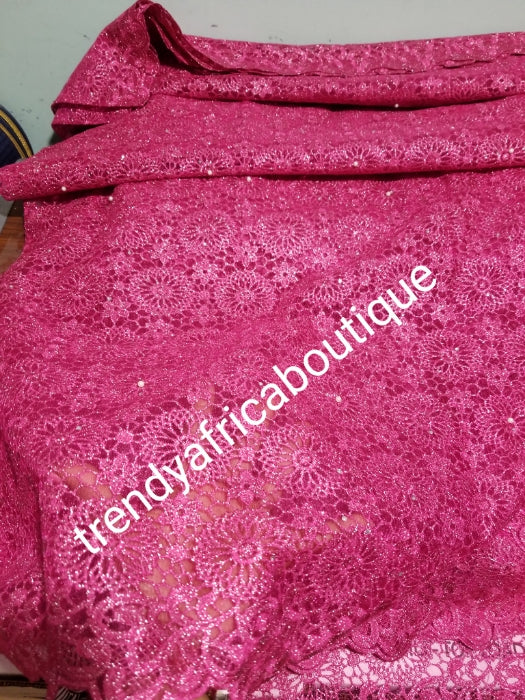 Clearance: Beautiful soft texture fuschia pink Nigerian french lace fabric for making African/traditional native dresses for party. Sold per 5yds. Price is for 5yds.