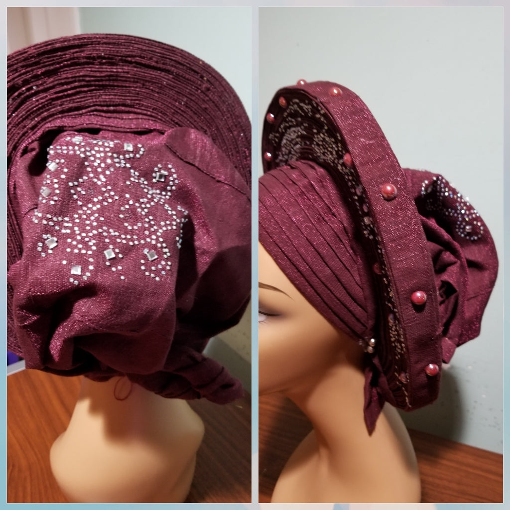 Sale, Sale: Fabulous chocolate brown auto-gele made with quality Aso-oke. Beaded and stoned work to perfection. One size fit, easy to adjust for fit and knot at the back to secure your gele. This is true original auto gele