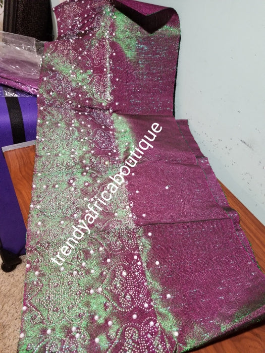 Magenta/green Latest metallic 2 tone aso-oke gele Bedazzled with shinning crystal stones and pearls. Sold as Gele only. Nigerian Traditional Aso-oke head wrap for party wear