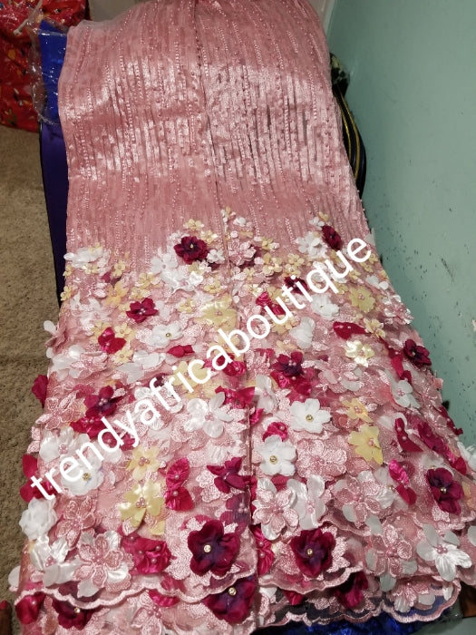 Red carpet french lace fabric. Beautiful 3D flower border made to perfection. Sold per 5yds sweet pink fabric embellished wirh wine/cream multi flower petals