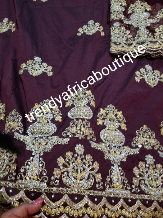 Nigerian Tranditional George wrapper. Embriodery/stones design in chocolate brown wrapper with matching net for blouse. Small-George. Superior quality African George wrapper