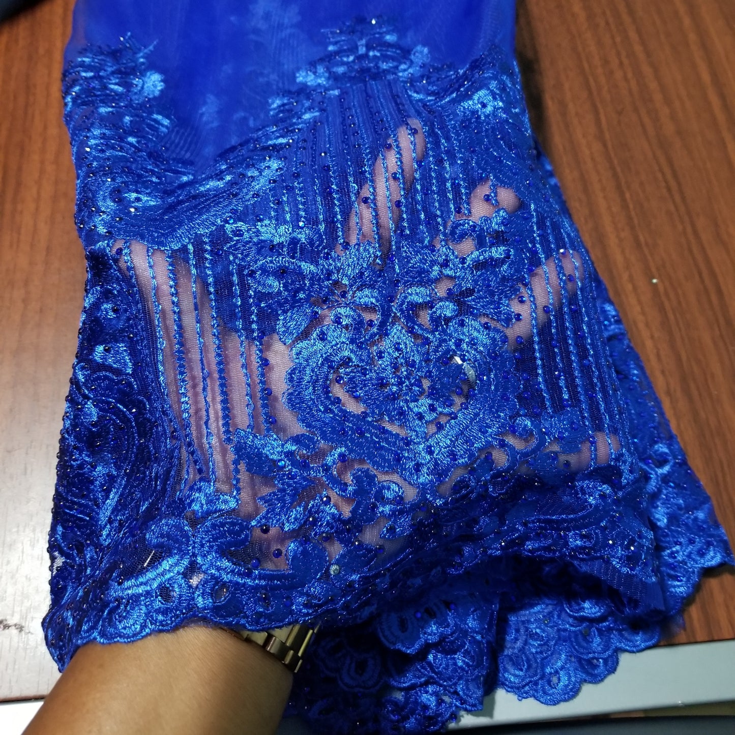 Sale: New arrival royal blue embriodery french lace fabric, embellished with royal blue dazzling stones. Great quality, excellent quality, Sold per 5yds, price is for 5yds.
