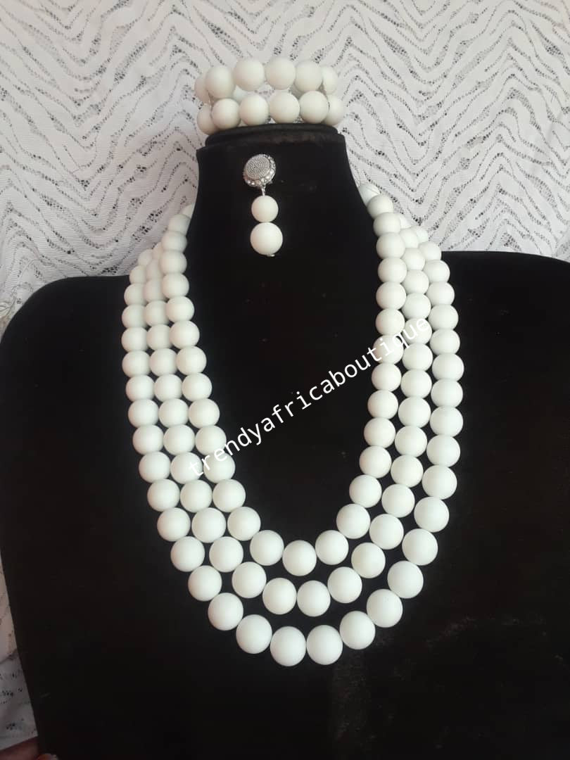 New arrival Original Pure white Stone Nigerian women Coral-necklace set. 3 row necklace for weddings and more. Nigerian Celebrants accessories. Necklace/earrings/ 2 Bracelet