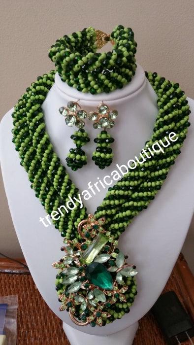 Clearance: 3pcs bottle Green/lemongreen 2 row beaded necklace set. Beautiful center piece brooch to perfect look