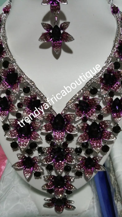 Clearance sale: Crystal 2pcs wedding necklace set for weddings/big event. Beautiful necklace and matching earrings. Costume jewelry set in dazzlying crystal in 18k gold plating. Purple stones for Nigerian traditional wedding accessories