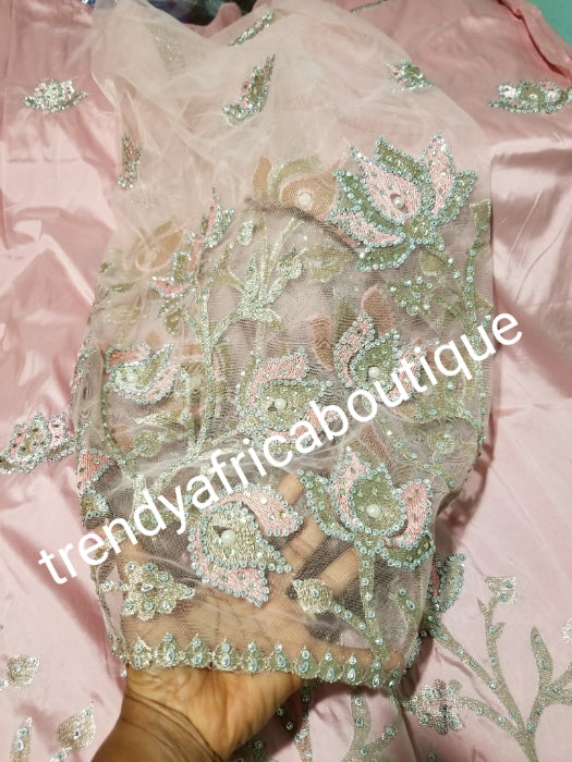 Sweet dusty pink Nigerian Traditional Silk embroidery George wrapper. Quality embroidery + Hand Beaded/stones design in beautiful soft pink color 5yds + 1.8 matching net blouse. Igbo/delta bride outfit. Small-George.
