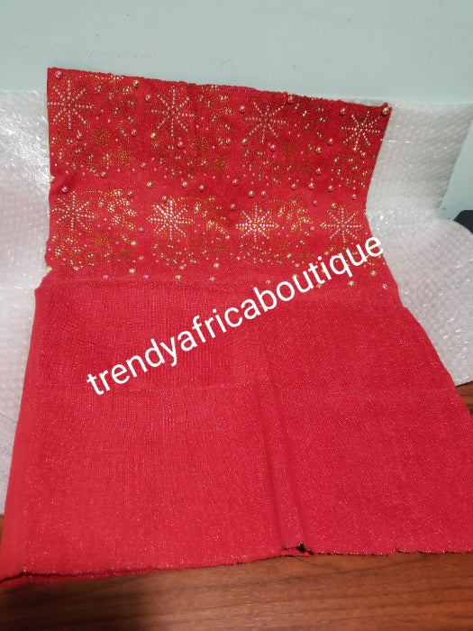 Extra wide Red Be-dazzled aso-oke Gele for a more classic head wrap. Beautiful Red color. Nigerian Aso-oke Gele in original quality woven in Nigeria. Contact for aso-ebi order