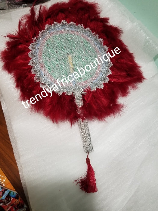 Wine/silver color, Nigerian hand made Feather hand fan. Custom made, front design with silver handle and tassel. medium size hand fan Nigerian Bridal-accessories design with beads and flower petal.