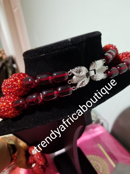 Clearance: 3 piece beaded necklace set in wine/silver beaded coral-necklace set in 2 rows. Beautiful matching pendant . Sold as a set