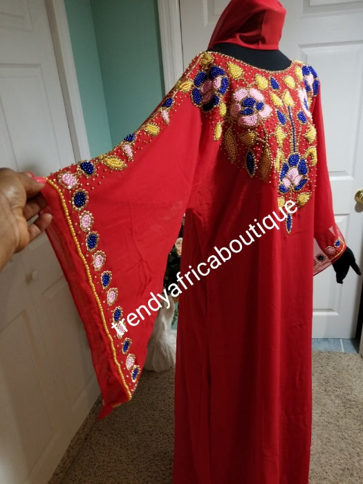 Special price offer, Red dubai kaftan free flowing boubou. Multi color Beaded and stonesd to perfection. Quality bead work. Availablein size, S,M,L,XL and XXL.. Chiffon kaftan With head tie. 60' long