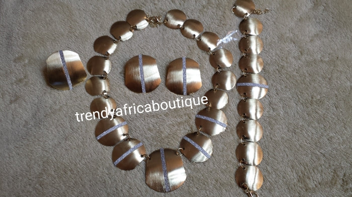 18k high quality Gold plating Dubai Jewelry set. 4piece necklace, earrings, bracelet, ring set. African party Jewelry set. Quality, hypoallergenic necklaces with open ring