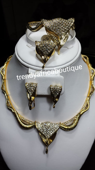 18k high quality Gold plating Dubai Jewelry set. 4 piece necklace, earrings, bangle, ring set. African party Jewelry set. Hypoallergenic, high quality plating