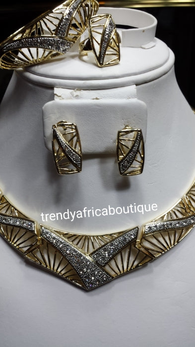 Clearance: 2 tone omega 18k high quality Gold plating Dubai Jewelry set. 4pca necklace, earrings, bangle, ring set. African party Jewelry set.