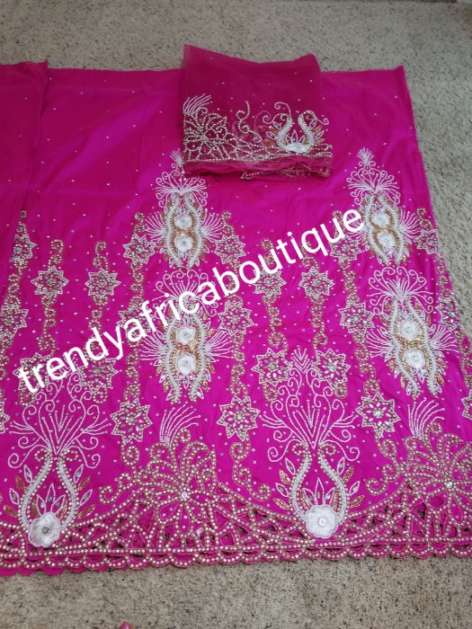 Ready to ship: Exclusive fuchsia pink Madam/celebrant Nigerian George wrapper. Beaded and stoned with hand cut border. Special occasion wrapper. 5yds + 1.8yds matching net (now sewn) for blouse. Tradtional Igbo/Delta Bridal outfit