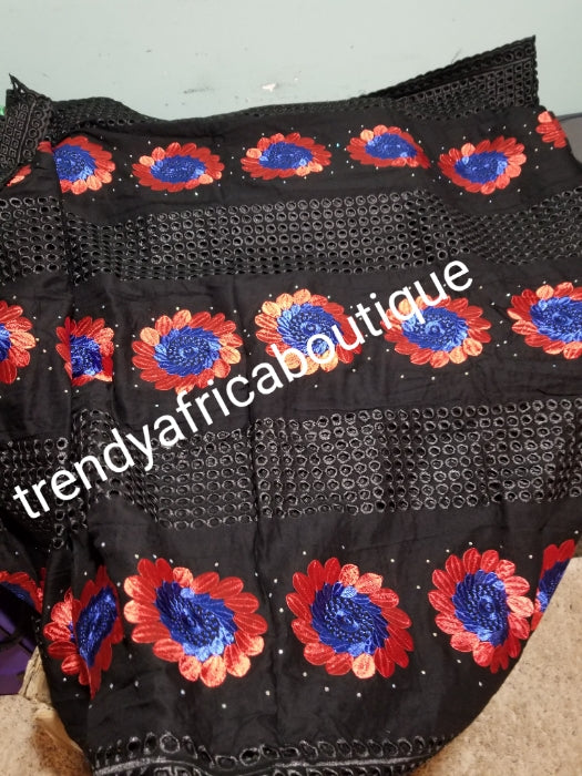 Latest design: Original quality African Swiss Voile Lace fabric black/Red/royalblue for making party dress. Beautiful black sold design black is 5yds + 1.8yds red voile for black combinations. Sold together as a set.