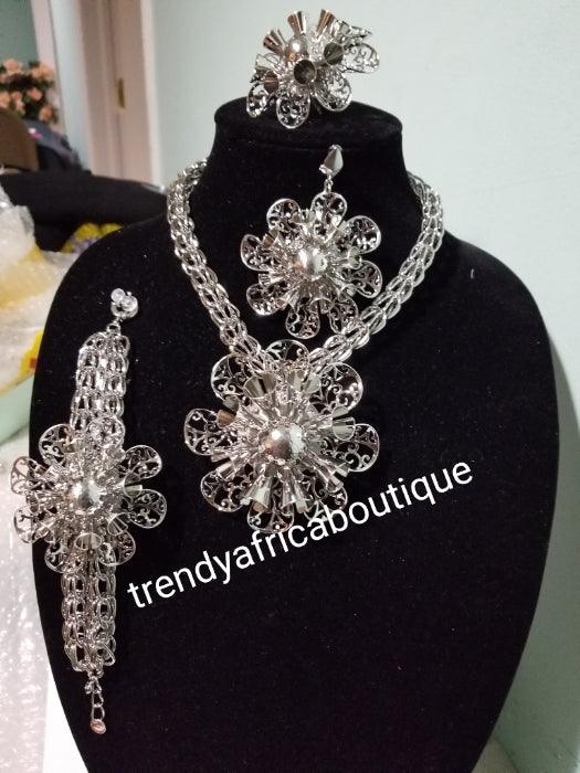 Silver plated big Dubai jewelry set. Bold/Beautiful 4pc. silver costume necklace/earrings/ring/bracelet. Adjustable necklace and bracelet. Open ring for fit adjustments. African 18k silver plated quality fashion Jewelry set