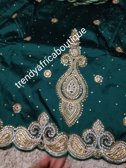 SALE,SALE- New arrival Nigerian Tranditional wedding George wrapper. Embellished with quality dazzling beads/crystal stones design in rich Green. Full 5yds + 1.8yds matching blouse + free headtie. Indian-George.