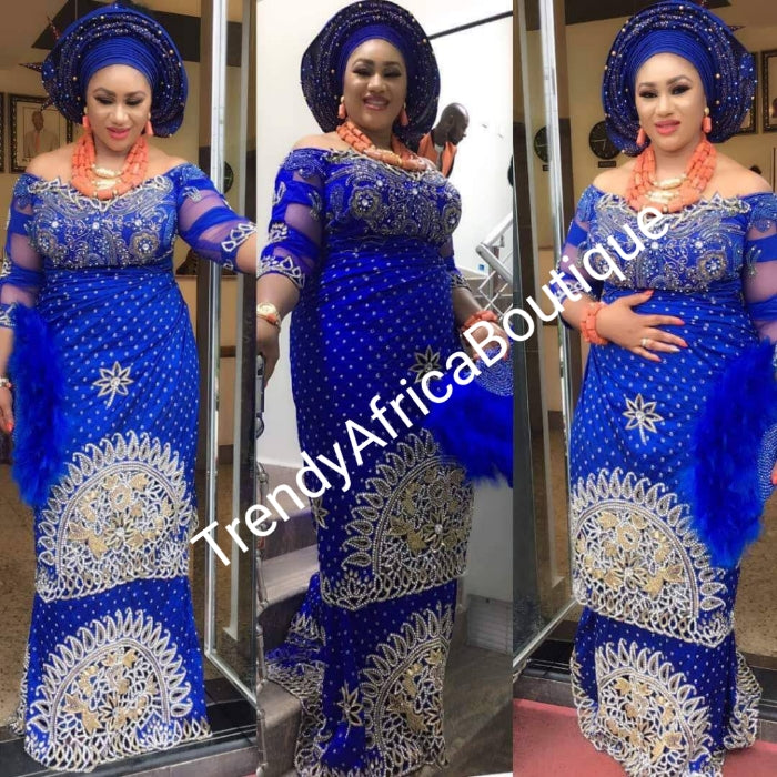 Ready to ship: Royal blue VIP hand beaded and stoned Nigerian traditional Celebrant George wrapper with matching blouse. Niger/Delta/Igbo women Georges. Quality George wrapper for high society party. Sold as set of 2 wrapper +1.8yds blouse