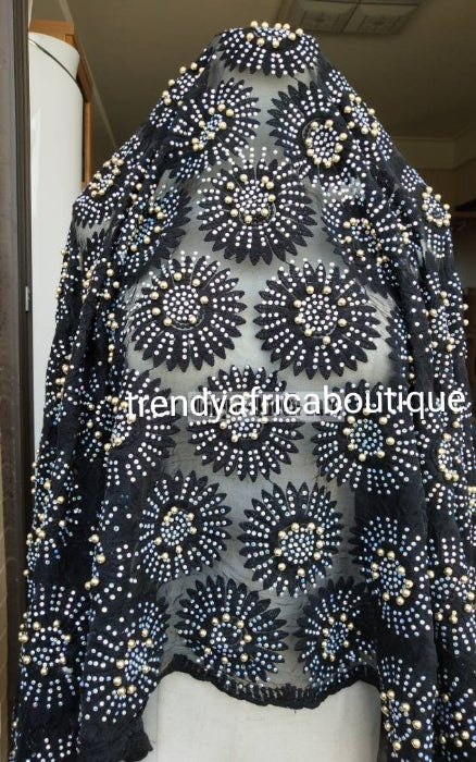 Special offer Beaded/crystal stoned bead-dazzled French lace fabric for celebrant. Classic, quality design French lace in black. Sold per 5yds, price is for 5yds