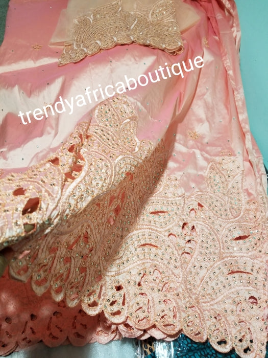 Special sale of quality Peach Embroidery silk George wrapper + net blouse. Small-George. Sold as a set of 5yds wrapper and 1.8yds matching blouse