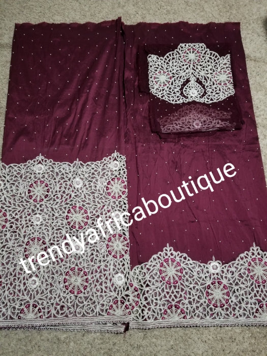 Maroon Quality VIP Celebrant Nigerian Bridal George wrapper. Hand Beaded and Stoned to perfection on Hand cut border. Niger/Igbo/delta traditional wedding George for special occasion. 2 wrapper + 1.8yds matching net blouse.