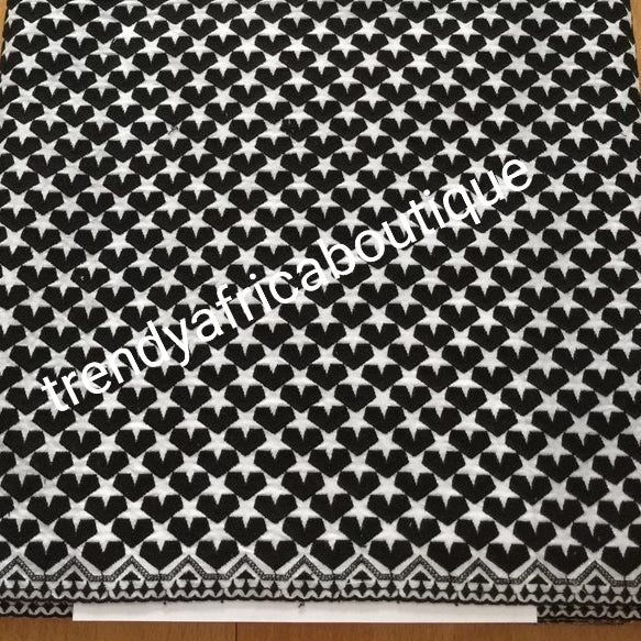 Top quality Atiku swiss voile lace fabric for Nigerian Men native outfit. Soft texture, Can be use for agbada /3pc outfit for men. Sold per 5yds. Price is for 5yds. Black/white