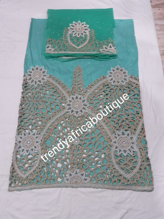 Ready to ship: Mint Green VIP hand beaded and stoned Nigerian traditional Celebrant George wrapper with matching blouse. Niger/Delta/Igbo women Georges. Quality George wrapper for high society party. Sold as set of 2 wrapper +1.8yds blouse