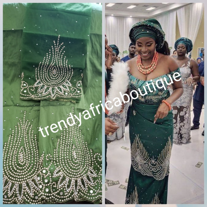 Clearance item: Silk George wrapper. Hand stoned with hand cut border. Nigerian/igbo/delta Bridal wrapper. Quality indian silk Georged with hand stoned in Olive green. Big mark down price