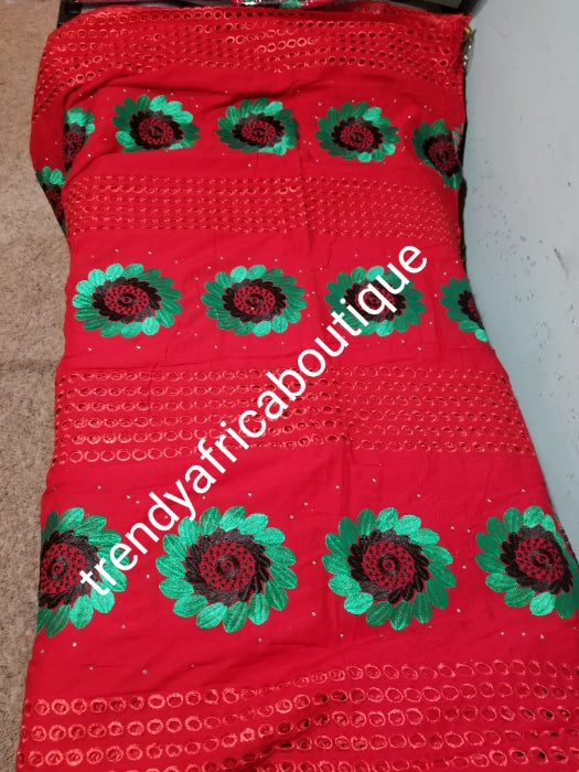 Latest design: Original quality African Swiss Voile Lace fabric Red/Green combination fabric for making Africans party dress. Soft Red lace in 5.5yds + 2yds green voile for blouse combinations. Sold together as a set.