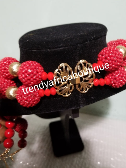 Back in stock: 3 piece set of Coral-necklace. Smaller red coral in cluster beads compliment with Gold beads. Matching 2 bracelet and earrings. Sold as a set, price is for the set. Nigerian traditional wedding beads.