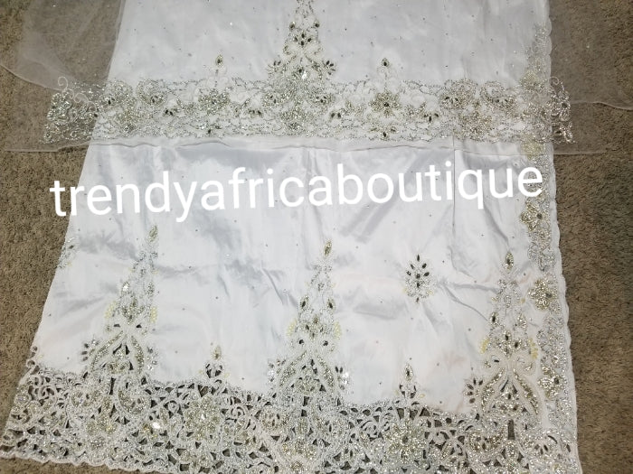 Sale, New arrival: pure White Big VIP beaded and stoned Nigerian traditional Celebrant George wrapper with matching blouse. Niger/Delta/Igbo Big events. Original Quality crystal stoned work, hand cut border. Sold as set of 2 wrapper +1.8yds blouse