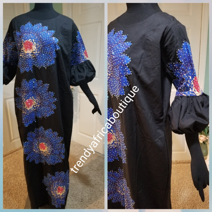 Latest Ankara-kaftan embellished with shinning Swarovski stones to perfection! SIZE 16: Fit Burst 44" and full lenght 57" shoulder to floor. Sleeve 18". Latest design Ankara patch kaftan embriodered and stoned. Latest Ankara Kaftan dress
