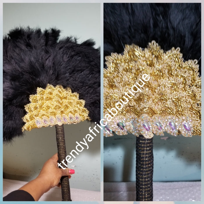 Black/Gold, Nigerian hand made Feather hand fan. Custom made, front/back same design. Large size fluffy feather fan Nigerian Bridal-accessories design with flower petal, long handle with tassles