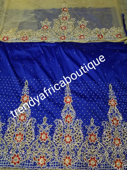 Sale sale: Big Exclusive original crystal stoned V.I.P Celebrant silk George wrapper. Nigerian/Igbo/delta women George. Royal blue with champagne gold contrast blouse in 1.8yds