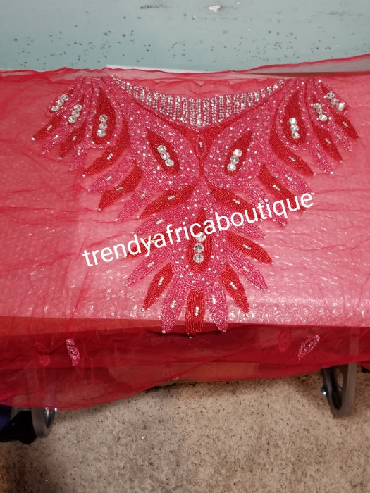 Red Heavily-beaded net for making blouses. Popularly use by Igbo/Delta/edo women for big Occasions. Comes in 1.8yds lenght already design for your beautiful blouse
