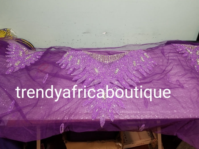 Purple Heavily-beaded net for making blouses. Popularly use by Igbo/Delta/edo women for making modern blouse for big Occasions. Comes in 1.8yds lenght already design for your beautiful blouse