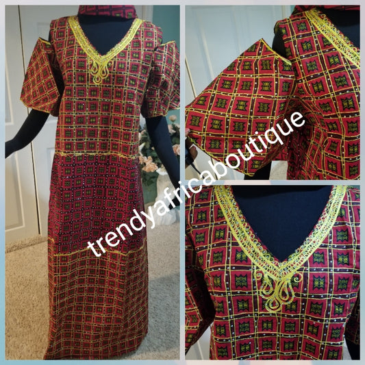 Clearance: Embriodered and stoned multi color Ankara-kaftan Long dress embellished with shinning Swarovski stones to perfection! Fit Burst 46" and Full lenght 55". Made with Quality Ankara/stoned work. Flared sleeves