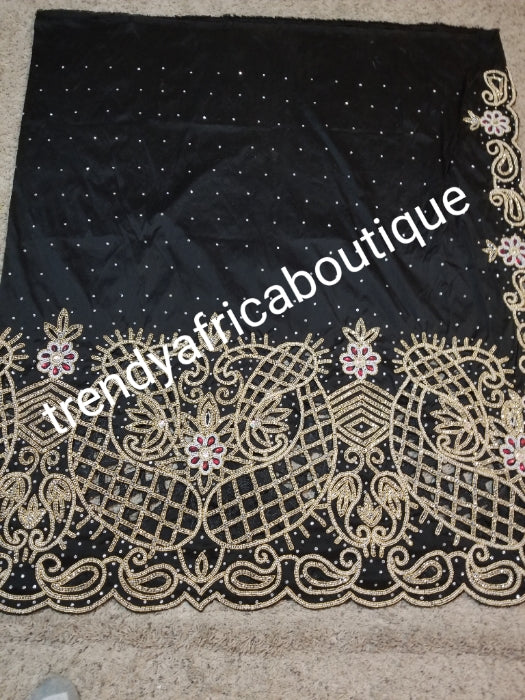 New arrival Nigerian Traditional weddings/celebrant super quality silk George wrapper. Black George + 2yds matching design net . Feel the difference in quality. Beautiful hand cut design with beaded/Crystal stoned for that special occasion.
