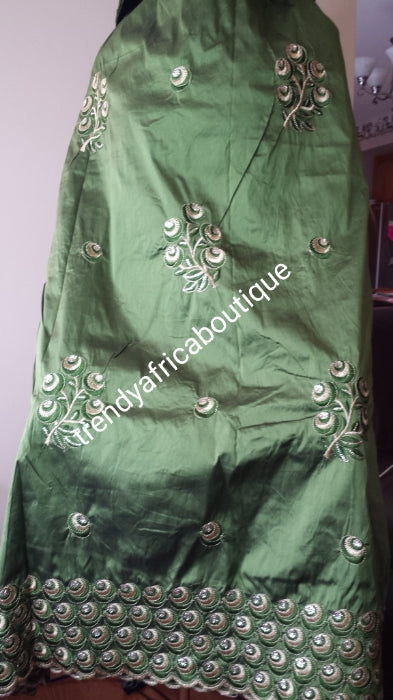 Clearance sale! Original quality indian Embroidery Silk George wrapper for Nigerian party dresses. Indian-george. Beautiful olive green silk george/gold. all over Gold embroidery Sold per 5yds. Feel the difference in Quality!!